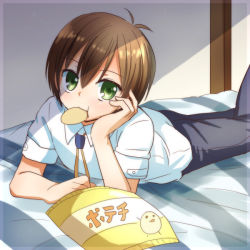 Rule 34 | 10s, 1boy, angel beats!, bed, brown hair, chips (food), eating, food, green eyes, lying, male focus, nakamura hinato, on stomach, ooyama (angel beats!), potato chips, school uniform, short hair, solo
