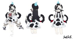Rule 34 | 1girl, 2021, absurdres, animal ears, back, bare shoulders, bell, black hair, black headwear, blue eyes, blue fire, character sheet, chinese zodiac, clothing cutout, cow ears, cow horns, fire, frills, ghost, ghost tail, hat, highres, horns, horns through headwear, long hair, multicolored hair, multiple views, original, ox girl, sh (shinh), simple background, sketch, sleeves past fingers, sleeves past wrists, turtleneck, very long hair, white background, white hair, year of the ox, year of the ox ghost (shinh)