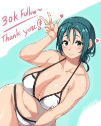 Rule 34 | 1girl, artist name, bikini, blush, breasts, cleavage, curvy, green eyes, green hair, highres, huge breasts, large breasts, looking at viewer, moisture (chichi), smile, solo, swimsuit, wide hips