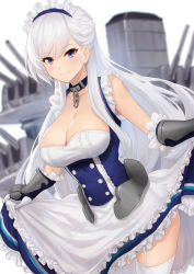 Rule 34 | 1girl, apron, artnohearts, azur lane, belfast (azur lane), blue eyes, blush, braid, breasts, buttons, chain, cleavage, closed mouth, clothes lift, collar, collarbone, dress, dress lift, elbow gloves, floating hair, french braid, frilled apron, frilled gloves, frills, garter straps, gauntlets, gloves, large breasts, leaning forward, lifting own clothes, long hair, looking at viewer, machinery, maid, maid apron, maid headdress, rigging, side braid, silver hair, smile, solo, standing, thighhighs, thighs, turret, very long hair, waist apron, white apron, white gloves, white thighhighs