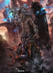 Rule 34 | 1boy, abs, barefoot, copyright name, dark skin, dark-skinned male, demon horns, feathered wings, feathers, force of will, grey eyes, grey hair, highres, horns, long hair, mad (artist), male focus, navel, official art, rock, topless male, solo, staff, wings