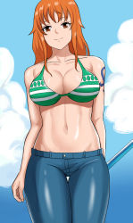 Rule 34 | 1girl, arm behind back, bikini, bikini top only, breasts, cleavage, denim, highres, jeans, large breasts, looking at viewer, nami (one piece), navel, one piece, orange eyes, orange hair, pants, smile, solo, swimsuit, arm tattoo, toned, weapon