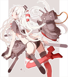 Rule 34 | 10s, 1girl, amatsukaze (kancolle), ass, black panties, dress, garter straps, grey eyes, kantai collection, lace, lace-trimmed panties, lace trim, long hair, looking back, md5 mismatch, nine (liuyuhao1992), open mouth, panties, personification, red thighhighs, rensouhou-chan, rensouhou-kun, sailor dress, school uniform, serafuku, side-tie panties, striped clothes, striped thighhighs, thighhighs, torn clothes, torn legwear, torpedo, underwear, white hair