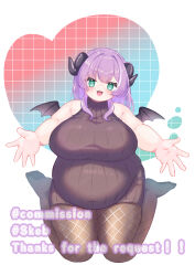 Rule 34 | !, !!, 1girl, :3, agano mai, aqua eyes, big belly, black horns, black wings, blush, breasts, brown dress, brown pantyhose, commentary request, commission, dress, english text, fat, fishnet pantyhose, fishnets, head tilt, highres, horns, indie virtual youtuber, large breasts, long hair, looking at viewer, mini wings, open hands, open mouth, outstretched arms, pantyhose, punitea, purple hair, ribbed sweater, sample watermark, sitting, skeb commission, sleeveless, sleeveless sweater, sleeveless turtleneck, solo, sweater, thick arms, turtleneck, turtleneck sweater, virtual youtuber, wariza, watermark, white background, wings