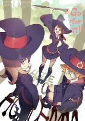 Rule 34 | 10s, 3girls, :d, arms up, black ribbon, blunt bangs, boots, brown hair, collared shirt, copyright name, glasses, green eyes, half-closed eyes, hat, holding, holding staff, kagari atsuko, little witch academia, long hair, long sleeves, looking at viewer, lotte jansson, multiple girls, neck ribbon, open mouth, outdoors, red eyes, ribbon, ryota-h, semi-rimless eyewear, shirt, short hair, sitting, smile, staff, standing, sucy manbavaran, wide sleeves, witch hat
