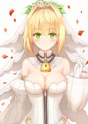 Rule 34 | ahoge, blonde hair, blush, breasts, cleavage, fate/grand order, fate (series), flower, green eyes, heart, heart-shaped pupils, highres, jewelry, large breasts, nero claudius (bride) (fate), nero claudius (fate), nero claudius (fate/extra), ring, simple background, smile, symbol-shaped pupils, zipper