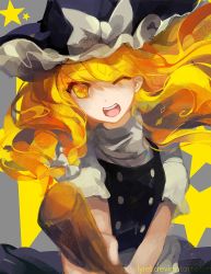 Rule 34 | 1girl, ;d, blonde hair, bow, braid, broom, broom riding, grey background, hair bow, hair ornament, hat, hat ribbon, highres, kirisame marisa, long hair, looking at viewer, lyiet, one eye closed, open mouth, puffy sleeves, ribbon, shirt, short sleeves, side braid, simple background, single braid, skirt, smile, solo, star (symbol), touhou, turtleneck, upper body, vest, watermark, web address, witch hat, yellow eyes