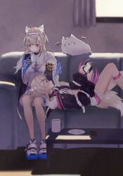 Rule 34 | 2girls, animal ear fluff, animal ears, belt, black collar, blonde hair, blue eyes, blue hair, breasts, cellphone, collar, colored inner animal ears, couch, covered navel, crop top, cup, curtains, dog ears, dog girl, doughnut, food, food on face, fur trim, fuwawa abyssgard, fuwawa abyssgard (1st costume), fzvkrjisli18183, hair ornament, hairband, hairclip, headband, headphones, headphones around neck, highres, holding, holding phone, hololive, hololive english, large breasts, long hair, lying, mococo abyssgard, mococo abyssgard (1st costume), mug, multicolored hair, multiple girls, on back, perroccino (fuwamoco), phone, pink belt, pink eyes, pink hair, pink hairband, pink headband, plate, pon de ring, shirt, shorts, siblings, single fishnet legwear, sisters, smartphone, streaked hair, table, tail, twins, virtual youtuber, white shirt, window