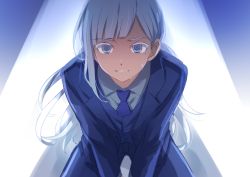 Rule 34 | 1girl, @ @, absurdres, bent over, blue eyes, blue jacket, blue necktie, blue pants, clenched teeth, collared shirt, copyright request, grey hair, grey shirt, highres, jacket, long hair, looking at viewer, mole, mole under eye, necktie, pants, sekina, shirt, solo, spotlight, standing, sweat, teeth, wing collar