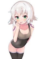 Rule 34 | 1girl, absurdres, bare shoulders, black thighhighs, breasts, chorome1122, covered navel, fate/apocrypha, fate/grand order, fate (series), green eyes, grey hair, hair between eyes, highres, jack the ripper (fate/apocrypha), looking at viewer, navel, short hair, shoulder tattoo, small breasts, smile, solo, swimsuit, tattoo, thighhighs, tongue, tongue out