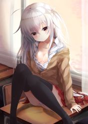 Rule 34 | 1girl, arm support, black thighhighs, bow, breasts, brown cardigan, cardigan, chair, collarbone, collared shirt, commentary request, curtains, desk, dress shirt, feet out of frame, fingernails, head tilt, highres, indoors, long sleeves, looking at viewer, moe2019, off shoulder, on desk, open clothes, open shirt, original, panties, plaid, plaid bow, pleated skirt, red bow, red skirt, school chair, school desk, shirt, siroyuki, sitting, on desk, skirt, sky, sleeves past wrists, small breasts, solo, sunset, thighhighs, transparent, underwear, white panties, white shirt