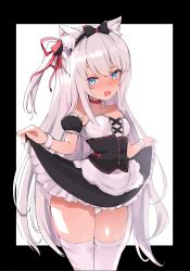Rule 34 | 1girl, animal ear fluff, animal ears, apron, azur lane, backlighting, bare shoulders, blue eyes, blush, bow, bridal gauntlets, caburi, cat ears, cat girl, choker, clothes lift, cowboy shot, embarrassed, hair bow, hair ribbon, hairband, hammann (azur lane), highres, lifted by self, long hair, one side up, open mouth, outside border, panties, ribbon, ribbon choker, simple background, single bridal gauntlet, skirt, skirt lift, solo, standing, thighhighs, underbust, underwear, very long hair, waist apron, wavy mouth, white hair, white panties, white thighhighs, wrist cuffs