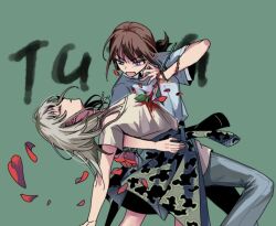 Rule 34 | 2girls, blood, blood on clothes, blood on hands, blue eyes, blue pants, blue shirt, blush, brown hair, closed eyes, closed mouth, commentary, denim, flower, girls band cry, green background, grey hair, hashtag-only commentary, iseri nina, jeans, kawaragi momoka, long hair, multiple girls, open mouth, pants, petals, plant roots, red flower, red rose, rose, rose petals, sekai wo kakumei suru chikara wo, shirt, shiyon 109, short sleeves, short twintails, shoujo kakumei utena, simple background, thorns, twintails