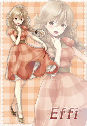 Rule 34 | 1girl, alternate costume, blush, braid, breasts, brown eyes, character name, checkered background, checkered clothes, checkered dress, contemporary, dress, faye (fire emblem), fire emblem, fire emblem echoes: shadows of valentia, frills, full body, hair between eyes, hair ribbon, hand on own chest, high heels, highres, light brown hair, long hair, looking at viewer, medium breasts, nintendo, open mouth, ribbon, smile, solo, standing, tress ribbon, twin braids, yuino (fancy party), zoom layer