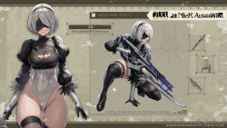Rule 34 | 1girl, 2b (nier:automata), artist request, assault rifle, bayonet, black blindfold, black dress, black hairband, blindfold, boots, breasts, cleavage, clothing cutout, commentary, covered eyes, crossover, dress, english commentary, english text, expressionless, feather-trimmed sleeves, gloves, goddess of victory: nikke, gun, hairband, hands on ground, highres, holding, holding gun, holding weapon, juliet sleeves, leotard, long sleeves, medium breasts, mole, mole under mouth, multiple views, nier:automata, nier (series), official art, partially visible vulva, pod (nier:automata), puffy sleeves, rifle, short hair, skin tight, skindentation, solo, sword, taking cover, thick thighs, thighhighs, thighhighs under boots, thighs, weapon, white hair