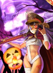 Rule 34 | 1girl, abazu-red, arrow (projectile), arrow in body, arrow in head, bandaged arm, bandages, bare tree, black hair, black hat, cape, commentary request, cowboy shot, facepaint, fate/grand order, fate (series), fire, glint, glowing, glowing eye, grin, hair between eyes, halloween costume, hand up, hat, jack-o&#039;-lantern, long hair, looking at viewer, m/, naked bandage, navel, object through head, oda nobunaga (fate), oda nobunaga (koha-ace), oda nobunaga (swimsuit berserker) (fate), one eye covered, open mouth, peaked cap, purple fire, red cape, red eyes, sidelocks, signature, skull, smile, solo, standing, stomach, teeth, thighs, toned, tree
