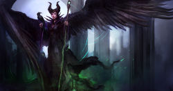 Rule 34 | 1girl, bird, black wings, crow, disney, feathered wings, highres, horns, maleficent, solo, staff, thedurianart, wallpaper, wings