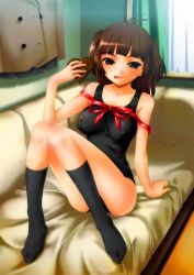 Rule 34 | 1girl, :p, antenna hair, azumi amane, black one-piece swimsuit, bow, breasts, brown eyes, brown hair, chocolate, couch, covered erect nipples, feet, female focus, jpeg artifacts, kneehighs, large breasts, naughty face, one-piece swimsuit, original, sitting, socks, solo, soshina nohito, swimsuit, tongue, tongue out