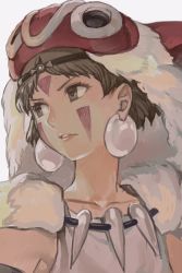 Rule 34 | 1girl, brown eyes, brown hair, collarbone, earrings, facepaint, facial mark, fur, headband, hungry clicker, jewelry, lips, looking to the side, mask, mononoke hime, necklace, san (mononoke hime), short hair, simple background, solo, white background