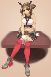 Rule 34 | 10s, 1girl, ankle boots, arm support, bare shoulders, bonten karasu, boots, breasts, brown background, brown eyes, brown hair, crossed legs, full body, gloves, grey skirt, hairband, headgear, high heel boots, high heels, highres, kantai collection, large breasts, legs, looking at viewer, midriff, mutsu (kancolle), navel, pleated skirt, red thighhighs, short hair, sitting, skirt, smile, solo, striped clothes, striped thighhighs, thighhighs, white gloves, wide hips
