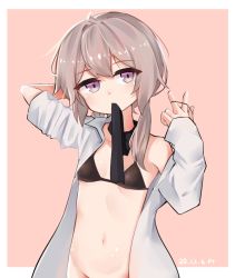 Rule 34 | 1girl, black bra, black necktie, bottomless, bra, collared shirt, dated, flat chest, girls&#039; frontline, grey hair, hair tie, long hair, long sleeves, looking at viewer, m200 (girls&#039; frontline), messy hair, mouth hold, navel, necktie, necktie in mouth, off shoulder, open clothes, open shirt, platinum-mix, ponytail, purple eyes, shirt, simple background, solo, tying hair, underwear, upper body, white shirt