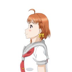 Rule 34 | 1girl, artist name, artist request, blush, bow, braid, breasts, collarbone, detached sleeves, female focus, grey sailor collar, hair ornament, hairclip, highres, looking at viewer, looking to the side, love live!, love live! sunshine!!, orange hair, parted lips, red eyes, red neckwear, ribbon, sailor collar, school uniform, shirt, short hair, short sleeves, side braid, sideboob, single braid, small breasts, smile, solo, takami chika, tie clip, upper body, uranohoshi school uniform, white background, white shirt