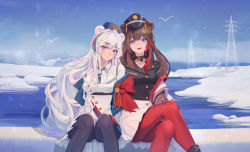 2girls :d absurdres alternate_costume animal_ears arknights bear_ears black_choker black_jacket black_legwear blue_eyes blue_hair blue_headwear blue_sky breasts brown_hair chinese_commentary choker commentary_request crossed_legs dress feet_out_of_frame hat heiyizhushenxia heterochromia highres jacket long_hair looking_at_viewer medium_breasts miniskirt multicolored_hair multiple_girls official_alternate_costume open_mouth outdoors pantyhose peaked_cap pink_eyes pleated_skirt red_hair red_legwear rosa_(arknights) short_dress silver_hair sitting skirt sky smile snow streaked_hair very_long_hair white_dress white_skirt zima_(arknights) zima_(ready_to_go)_(arknights)