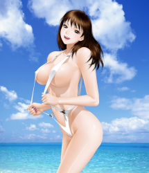 Rule 34 | 1girl, :d, bare shoulders, breasts, brown eyes, brown hair, cleavage, cloud, contrapposto, day, covered erect nipples, highres, large breasts, lips, long hair, midriff, nail polish, open mouth, original, sideboob, sky, slingshot swimsuit, smile, solo, standing, swimsuit, underboob, water, yui toshiki