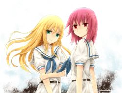 2girls belt blonde_hair eso green_eyes holding_own_arm long_hair looking_at_viewer looking_back miyanaga_teru multiple_girls neckerchief oohoshi_awai red_eyes red_hair saki_(manga) school_uniform serafuku short_hair smirk standing