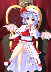 Rule 34 | 1girl, adapted costume, ascot, bat wings, blue hair, blush, boushi (nandemo), bow, capelet, curtains, dress, gem, hand on own cheek, hand on own face, hat, hat ribbon, highres, jewelry, legs, crossed legs, long sleeves, looking at viewer, nandemo118, red bow, red eyes, red ribbon, remilia scarlet, ribbon, shoes, short hair, sitting, smile, solo, throne, touhou, white dress, wings