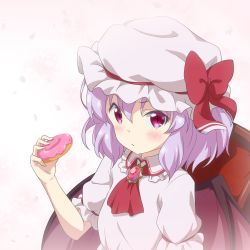 Rule 34 | 1girl, ascot, bad id, bad twitter id, bat wings, blush, breasts, brooch, chair, closed mouth, collared shirt, doughnut, dress, food, frilled shirt collar, frills, hat, hat ribbon, highres, holding, holding food, jewelry, light purple hair, looking at viewer, mob cap, petals, pink background, pink dress, pink hat, pink shirt, puffy short sleeves, puffy sleeves, purple eyes, red ascot, red ribbon, red star (toranecomet), remilia scarlet, ribbon, shirt, short hair, short sleeves, slit pupils, small breasts, solo, touhou, wing collar, wings