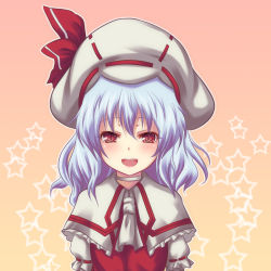 Rule 34 | 1girl, alternate costume, ascot, bad id, bad pixiv id, blue hair, capelet, collar, curiosities of lotus asia, dress, female focus, hat, open mouth, radral, red eyes, remilia scarlet, short hair, smile, solo, star (symbol), touhou