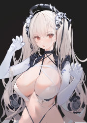 Rule 34 | 1girl, :o, absurdres, azur lane, between breasts, bikini, black background, black choker, black panties, blush, bra, breasts, choker, claw pose, cleavage, collarbone, criss-cross halter, elbow gloves, flower, formidable (azur lane), frills, gloves, grey hair, hair between eyes, hair flower, hair ornament, hair ribbon, halo, halterneck, hands up, highleg, highres, huge breasts, kincora, large breasts, long hair, looking at viewer, navel, open mouth, orange eyes, panties, parted lips, paw pose, platinum blonde hair, red eyes, revealing clothes, ribbon, simple background, sketch, solo, swimsuit, twintails, underwear, upper body, very long hair, white bra, white gloves