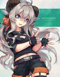 Rule 34 | 1girl, 8c, ahoge, animal ears, argyle, argyle clothes, argyle cutout, belt, black gloves, black shirt, blue eyes, bow, cleavage cutout, clothing cutout, contrapposto, cowboy shot, fingerless gloves, garter straps, gloves, grey hair, hair bow, hair intakes, horns, index finger raised, kunorno, long hair, looking at viewer, midriff, navel, original, parted lips, sheep ears, sheep girl, sheep horns, shirt, shorts, smile, solo, standing, thighhighs, very long hair, watermark, web address