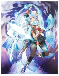 Rule 34 | 1girl, absurdres, arms up, blue eyes, blue hair, electricity, energy sword, floating hair, highres, matching hair/eyes, open mouth, pantyhose, pleated skirt, shibano kaito, short hair, skirt, solo, sword, weapon