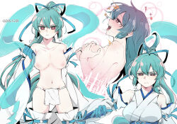 Rule 34 | 1girl, an sin, blue gloves, blue ribbon, breasts, closed mouth, commentary request, detached sleeves, frown, fundoshi, glaring, gloves, grabbing own breast, green hair, hagoromo, hair ribbon, half-closed eyes, highres, japanese clothes, korean commentary, large breasts, loincloth, long hair, looking at viewer, magia azure, magia azure (la verita), mahou shoujo ni akogarete, miko, minakami sayo, multiple views, navel, nipples, nontraditional miko, nude, open mouth, ponytail, red eyes, ribbon, ribbon-trimmed thighhighs, ribbon trim, saliva, shawl, shirt, simple background, sleeveless, sleeveless shirt, smile, solo, sparkle, standing, teeth, thighhighs, tongue, tongue out, topless, twitter username, upper teeth only, very long hair, white background, white shirt, white sleeves, white thighhighs