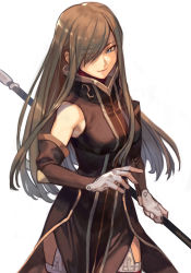 Rule 34 | 1girl, bare shoulders, blue eyes, brown hair, closed mouth, eyebrows hidden by hair, gloves, hair over one eye, holding, holding polearm, holding weapon, hungry clicker, long hair, looking to the side, polearm, smile, solo, tales of (series), tales of the abyss, tear grants, upper body, weapon
