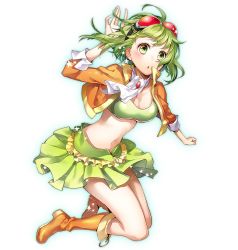 Rule 34 | 1girl, :o, blush, boots, breasts, cleavage, full body, goggles, goggles on head, green eyes, green hair, gumi, gumi (v3 megpoid), matching hair/eyes, medium breasts, midriff, navel, open mouth, short hair, simple background, skirt, solo, star (symbol), underboob, vocaloid, white background, yunco, yuzuki kihiro