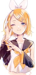 Rule 34 | 1boy, 1girl, ;3, ascot, bare shoulders, blonde hair, bloom, blue eyes, blush, bow, brother and sister, caress, detached sleeves, hair bow, hair ornament, hairclip, hand on another&#039;s face, highres, holding another&#039;s wrist, kagamine len, kagamine rin, kzs souko, looking at viewer, nail polish, neckerchief, one eye closed, pale skin, pov, sailor collar, shirt, siblings, sleeveless, sleeveless shirt, smile, solo focus, sparkle, swept bangs, twins, vocaloid, yellow nails, yellow neckerchief