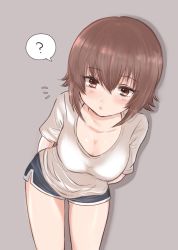 Rule 34 | 1girl, ?, arms behind back, black shorts, breasts, brown eyes, brown hair, casual, cleavage, closed mouth, commentary, cowboy shot, dolphin shorts, girls und panzer, grey background, gym shorts, highres, light frown, looking at viewer, medium breasts, momochi (mmc cmm), nishizumi maho, notice lines, shadow, shirt, short hair, short shorts, short sleeves, shorts, simple background, solo, spoken question mark, standing, t-shirt, white shirt