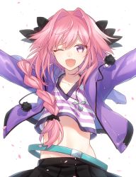 Rule 34 | 1boy, ;d, astolfo (fate), astolfo (memories at trifas) (fate), braid, crossdressing, fang, fate/apocrypha, fate/grand order, fate (series), kan&#039;yu (citron 82), long hair, looking at viewer, male focus, navel, official alternate costume, one eye closed, open mouth, outstretched arms, pink hair, smile, solo, spread arms, trap