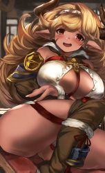 Rule 34 | 1girl, bare shoulders, blonde hair, blush, boots, breasts, dark skin, dark-skinned female, donna (granblue fantasy), draph, earrings, granblue fantasy, headband, highres, horns, huge breasts, jewelry, long hair, looking at viewer, maou (maoudaisukiya), messy hair, open mouth, pointy ears, red eyes, smile, solo, thigh boots, thighhighs, thighs, very long hair