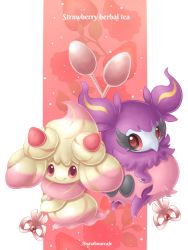 Rule 34 | alcremie, alcremie (strawberry sweet), aromatisse, artist name, closed mouth, commentary request, creatures (company), game freak, gen 6 pokemon, gen 8 pokemon, hand on own hip, holding, looking at viewer, nintendo, no humans, pokemon, pokemon (creature), red eyes, sasabunecafe, smile, spoon