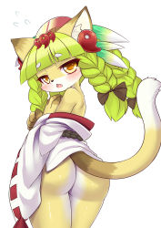 Rule 34 | 1girl, absurdres, animal ear fluff, animal ears, ass, back, blush, body fur, braid, cat, cat ears, cat girl, cat tail, commentary, fang, fullbokko heroes, furry, furry female, green hair, highres, kushinada (fullbokko heroes), long hair, looking at viewer, open mouth, simple background, snout, solo, sweat, tail, two-tone fur, white background, white fur, wolflong, yellow eyes, yellow fur