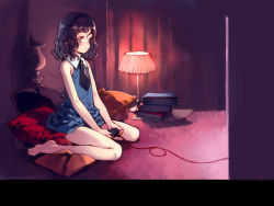 Rule 34 | 1girl, barefoot, black hair, book, cable, child, controller, copyright request, dress, game controller, gamepad, highres, lamp, legs, long legs, necktie, ooyari ashito, pillow, playing games, purple theme, school uniform, serafuku, short hair, sitting, skinny, sleeveless, solo, thighs, video game, wallpaper, wire