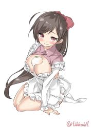Rule 34 | 10s, 1girl, ahoge, apron, bad id, bad twitter id, blush, bow, breast hold, breasts, breasts out, brown hair, bust cup, cleavage, closed mouth, collared shirt, ebifurya, eyebrows, food, frilled apron, frills, full body, hair bow, hair ornament, hairclip, highres, ice cream, inactive account, kantai collection, large breasts, leaf, long hair, long sleeves, looking at viewer, mamiya (kancolle), pink eyes, pink shirt, red bow, shirt, simple background, sitting, smile, solo, very long hair, white apron, white background