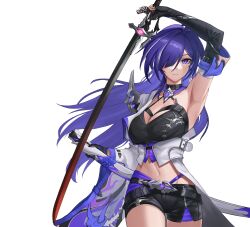 Rule 34 | 1girl, absurdres, acheron (honkai: star rail), arm up, armpits, black choker, black shorts, breasts, choker, cleavage, coat, commentary, cowboy shot, elbow gloves, gloves, hair over one eye, halterneck, highres, holding, holding sword, holding weapon, honkai: star rail, honkai (series), katana, large breasts, long hair, looking at viewer, midriff, navel, purple eyes, purple hair, scabbard, sheath, short shorts, shorts, simple background, solo, standing, stomach, sword, tkl, very long hair, weapon, white background, white coat