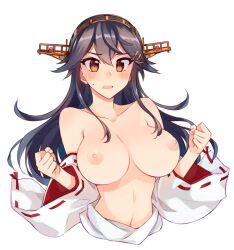 1girl bare_shoulders black_hair blush breasts brown_eyes collarbone cropped_torso detached_sleeves hair_between_eyes hair_ornament hairband hairclip haruna_(kancolle) haruna_kai_ni_(kancolle) headgear japanese_clothes kantai_collection kusanagi_tonbo large_breasts long_hair navel nipples nontraditional_miko open_mouth ribbon-trimmed_sleeves ribbon_trim simple_background solo white_background white_sleeves wide_sleeves