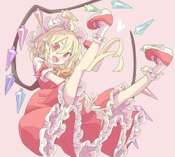 Rule 34 | 1girl, banana takemura, blonde hair, bow, fang, flandre scarlet, full body, hat, heart, highres, long hair, mob cap, one side up, open mouth, petticoat, pink background, pointy ears, red bow, red eyes, red footwear, red skirt, red vest, shoes, short sleeves, simple background, skirt, skirt set, slit pupils, smile, socks, solo, touhou, vest, white socks, wings