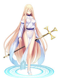 Rule 34 | 1girl, bare shoulders, blonde hair, breasts, covered navel, daiaru, detached sleeves, covered erect nipples, closed eyes, full body, hair between eyes, highres, holding, holding staff, impossible clothes, long hair, medium breasts, original, pelvic curtain, solo, staff, standing, very long hair, white background